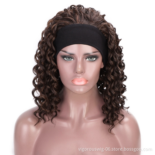 Vigorous Synthetic Curly Headband wigs 3/4 half wig Short Brown Color Hair Wigs with Headband for Black Women